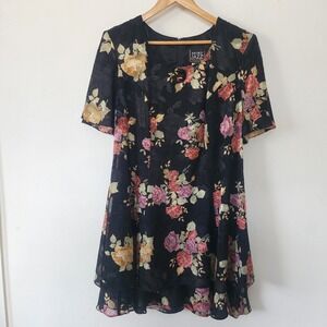Vintage Womens More Jazz Black Floral Dress Flowy Size 16 Shoulder Pads